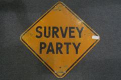 Sign-Survey Party, orange/black metal, 2 flat brackets on back, stock number S-1897