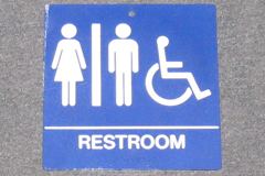 Sign-Restroom - M&F symbols w/ wheelchair - blue plastic - 8" square, stock number S-1982