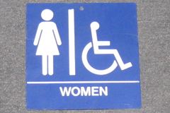 Sign-Restroom - F symbol w/ wheelchair - blue plastic - 8" square, stock number S-1983