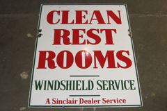 Sign-Clean Restrooms, double sided porcelain - white with red/grn, stock number S-1990