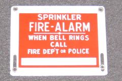 Sign-Sprinkler Fire Alarm - When Bell Rings..., red/wht porcelain, 9", stock number S-1995