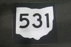 Sign-Ohio shape, 531, blk/wht, metal back, 24"w x 24"t, stock number S-2027