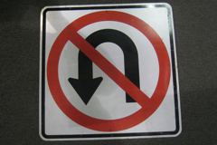 Sign-No U Turn (international symbol), red/blk/wht, metal 24"x24", stock number S-2083