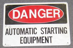 Sign-Danger Automatic Starting Equipment, red/blk/wht, plastic, 14"w, stock number S-2102
