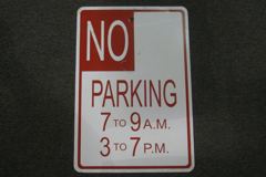 Sign-No Parking 7 to 9 AM - 3 to 7 PM, red/wht, 12"w x 18"t, metal, stock number S-2116