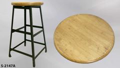 Stool, wood seat, green metal frame, 14"dia x 27"t, stock number S-2147a