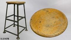 Stool, wood seat, green metal frame, 14"dia x 25"t, stock number S-2147b