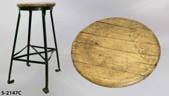 Stool, wood seat, green metal frame, 14"dia x 30"t, stock number S-2147c