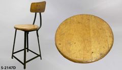 Stool, wood seat & back, green metal frame, 14"dia x 21"t, stock number S-2147d