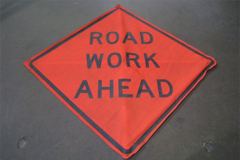 Sign-Road Work Ahead, fabric material, w/ "X" frame and universal, stock number S-2217