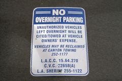 Sign-No Overnight Parking, blu/wht metal, 18"w x 24"t, stock number S-2313