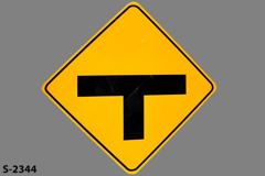 Sign-"T" intersection, angled, yellow/black metal, 30"x30", stock number S-2344