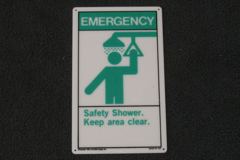Sign-Emergency safety shower keep area clear w/ symbol for safety, stock number S-2485