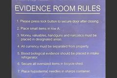 Sign-Evidence Room Rules, blu/wht plastic, 24"x24", stock number S-2859