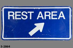 Sign-Rest Area, w/ arrow, blue/wht, metal, 60"w x 30"t, stock number S-2864