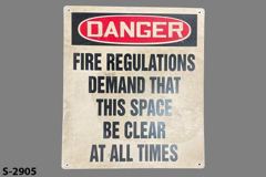 Sign-Fire Regs Demand Space Clear All Times, wht/red/blk, stock number S-2905