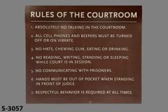 Sign-Rules Of The Courtroom, w/ 7 rules listed, brown/wht, plastic, stock number S-3057