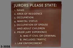 Sign-Jurors Please State, w/ list, brown/wht, plastic, 20"w x 18"t, stock number S-3058