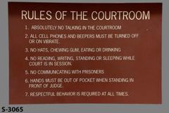 Sign-Rules Of The Court Room, w/ 7 rules listed, brown/wht, plastic, stock number S-3065