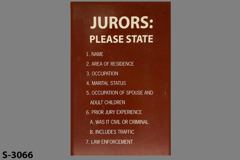 Sign-Jurors: Please State, w/ list, brown/wht, plastic, 13½"w x 20"t, stock number S-3066
