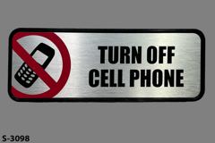 Sign-Turn Off Cell Phone, w/ symbol, silver red/blk, w/ black plastic, stock number S-3098
