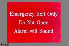 Sign-Emergency Exit Only Do Not Open Alarm Will Sound, red/wht, stock number S-3127
