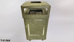 Trash can, green metal, flip hood top, w/ square slot in center, w, stock number T-0136a