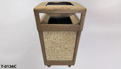 Trash can, pebble sides, brown frame, flip hood top, w/ square slot, stock number T-0136c
