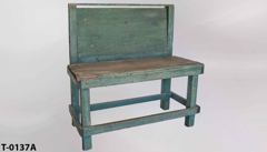 Table/workbench, aged green wood w/ backboard, 60"w x 30"d x 33"t, stock number T-0137a