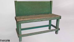 Table/workbench, aged green wood w/ backboard, 72"w x 28"d x 33"t, stock number T-0137b