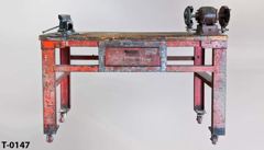 Table, RED metal, w/ 2 wheel grinder and vise, castered, 61"w x 25"d, stock number T-0147
