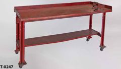 Table, work, red metal frame, w/ raised back and vise, castered, 72"w, stock number T-0247