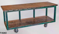 Table, wood top, green metal frame, 2 tier, w/ electrical outlet, stock number T-0263