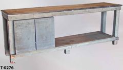 Table/Cabinet, grey wood, metal frame, w/ 2 door white cabinet under, stock number T-0276