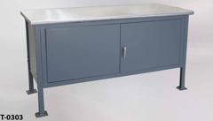 Table w/ 2 door cabinet, gray steel body w/ formica top, stock number T-0303
