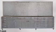Table, work, XL, silver metal frame, w/ pegboard, faux drawer/doors, stock number T-0449