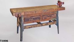 Table, work, period, wood w/ metal legs, 2 drawers, (1) wood vise &, stock number T-0496