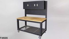 Table, work, metal, black, w/ wood top, 3 door cabinet, pegboard, stock number T-0535