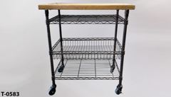 Table, metro, bronze finish, casters, wood top w/ 2 wire shelves & 1, stock number T-0583