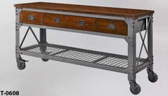 Table, work, dark wood, black metal, 4 drawers, wire shelf below, stock number T-0608
