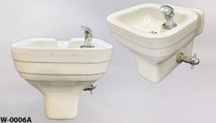 Water fountain, wallmount, white porcelain, w/ stainless steel knob, stock number W-0006a