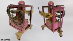 Arc welder, in caged cart w/ handle, cables & clamp, purple/red, stock number W-0008b
