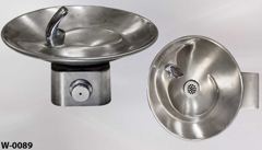 Water fountain, wallmount, stainless steel,14" diam bowl and faucet, stock number W-0089